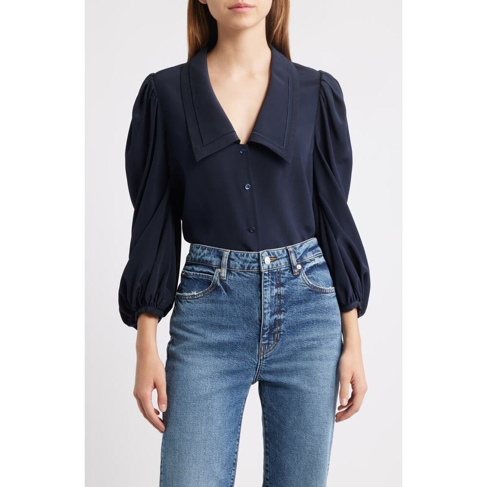 Frame Women's The Long Sleeve Silk Sailor Shirt Navy Blue Size Medium NWOT